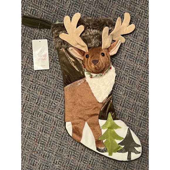 North Pole Trading Co Reindeer Stocking With Faux Fur Body Holly Accent Trees - Picture 6 of 15